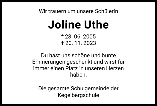 Todesanzeige von Joline Uthe von HNA