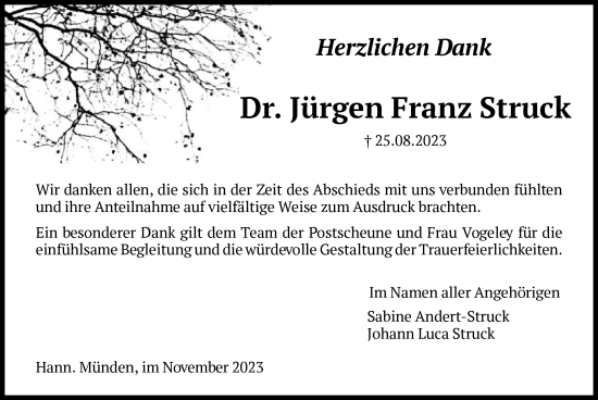 Todesanzeige von Jürgen Franz Struck von HNA