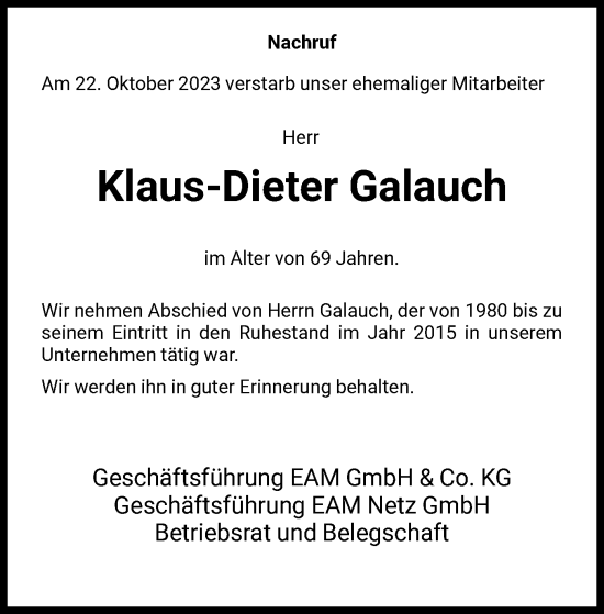 Todesanzeige von Klaus-Dieter Galauch von HNA