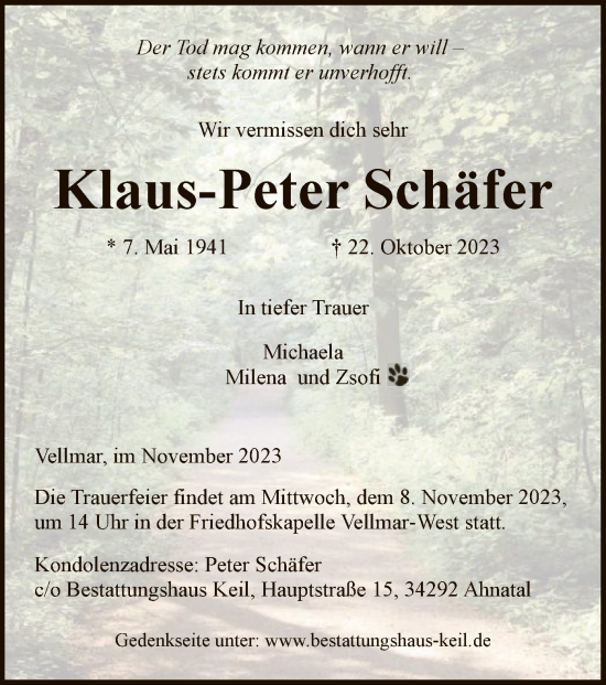 Todesanzeige von Klaus-Peter Schäfer von HNA