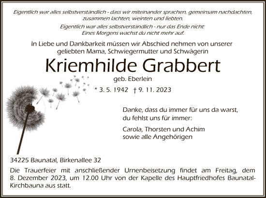 Todesanzeige von Kriemhilde Grabbert von HNA