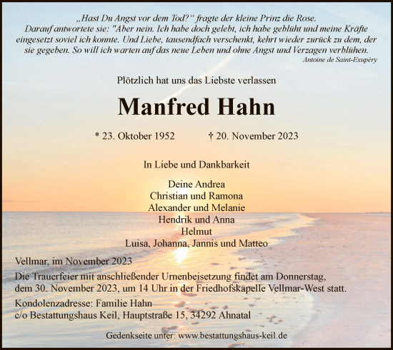 Todesanzeige von Manfred Hahn von HNA