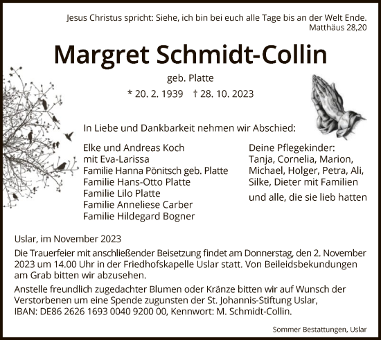 Todesanzeige von Margret Schmidt-Collin von HNA