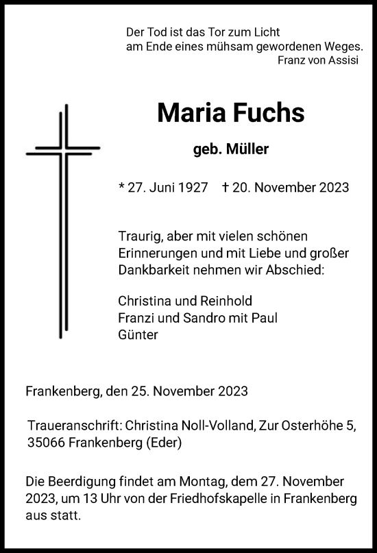 Todesanzeige von Maria Fuchs von HNA