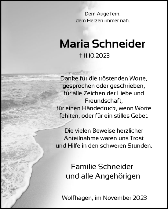 Todesanzeige von Maria Schneider von HNA