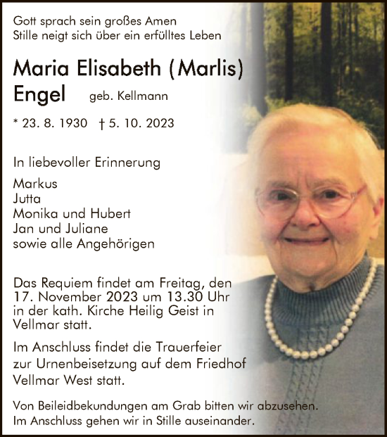 Todesanzeige von Maria Elisabeth Engel von HNA