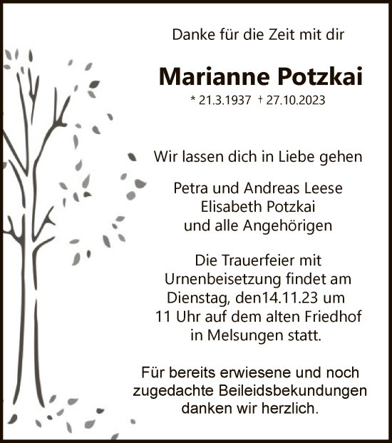 Todesanzeige von Marianne Potzkai von HNA