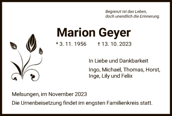 Todesanzeige von Marion Geyer von HNA
