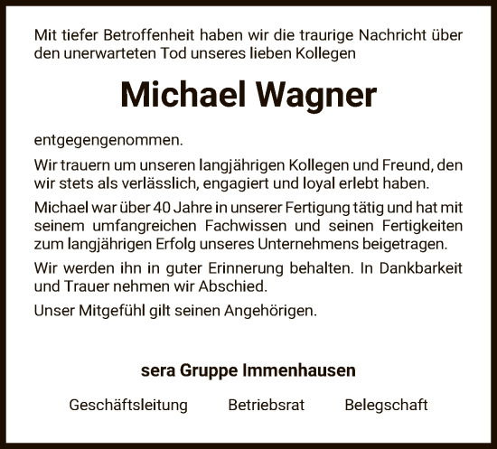 Todesanzeige von Michael Wagner von HNA