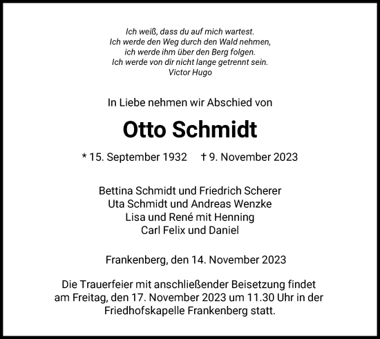 Todesanzeige von Otto Schmidt von HNAWLZ