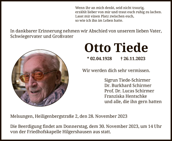 Todesanzeige von Otto Tiede von HNA