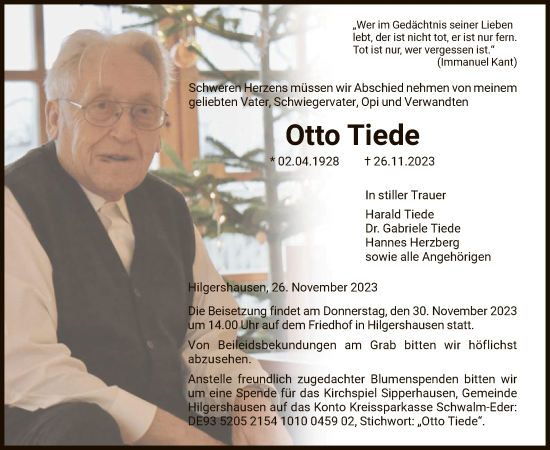 Todesanzeige von Otto Tiede von HNAHNA