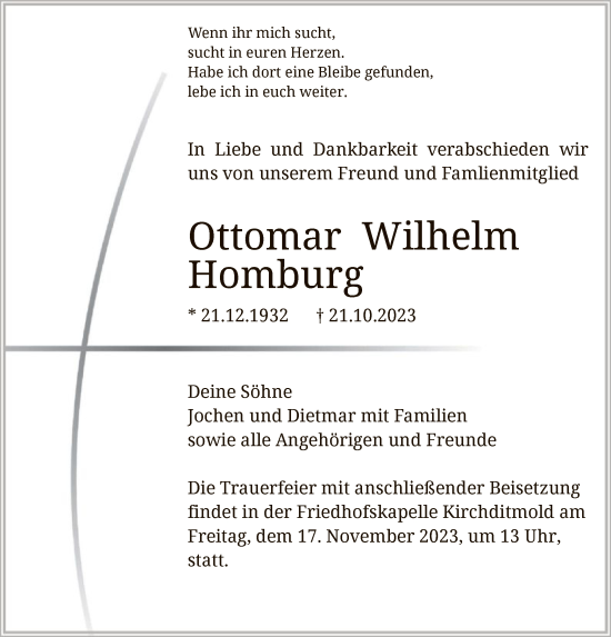 Todesanzeige von Ottomar Wilhelm Homburg von HNA