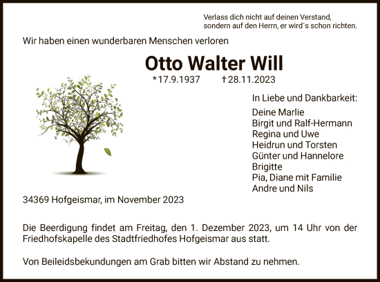 Todesanzeige von Otto Walter Will von HNAHNA