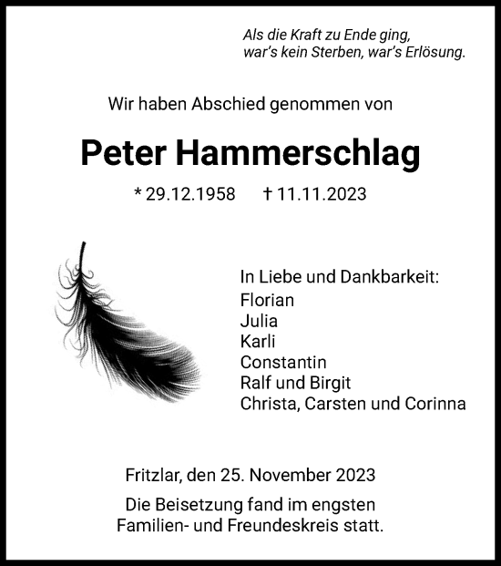 Todesanzeige von Peter Hammerschlag von HNA