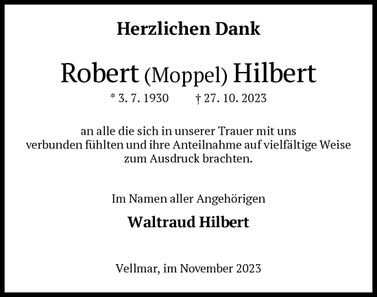 Todesanzeige von Robert Hilbert von HNA