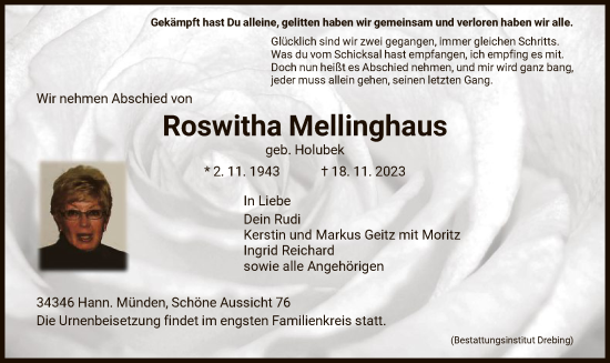 Todesanzeige von Roswitha Mellinghaus von HNA