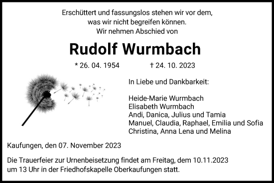 Todesanzeige von Rudolf Wurmbach von HNA