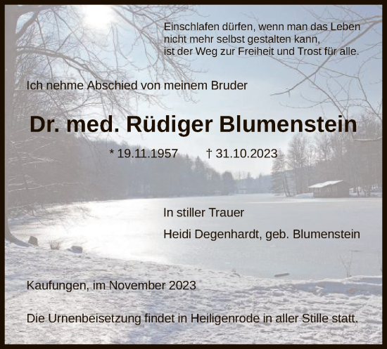 Todesanzeige von Rüdiger Blumenstein von HNA