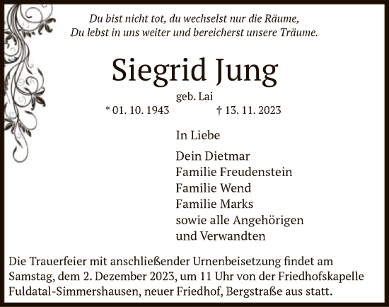 Todesanzeige von Siegrid Jung von HNA