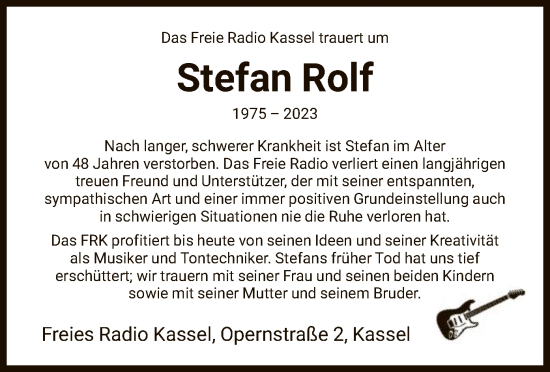 Todesanzeige von Stefan Rolf von HNA