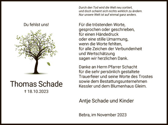 Todesanzeige von Thomas Schade von HNA