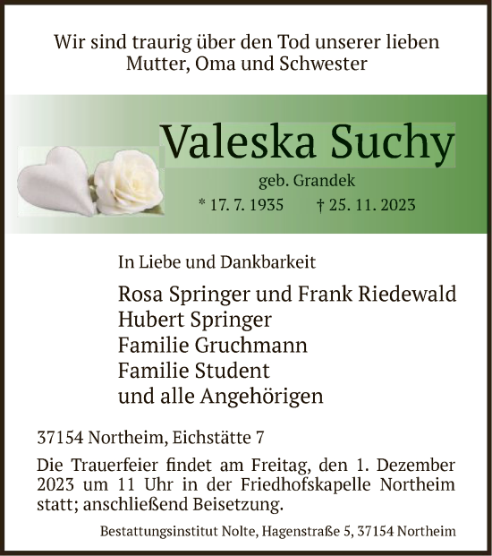 Todesanzeige von Valeska Suchy von HNA