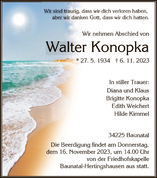 Todesanzeige von Walter Konopka von HNA