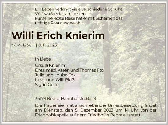 Todesanzeige von Willi Erich Knierim von HNAHNA