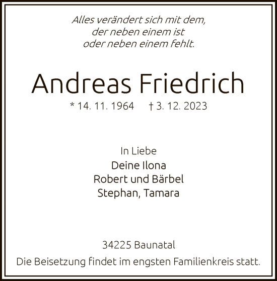 Todesanzeige von Andreas Friedrich von HNA
