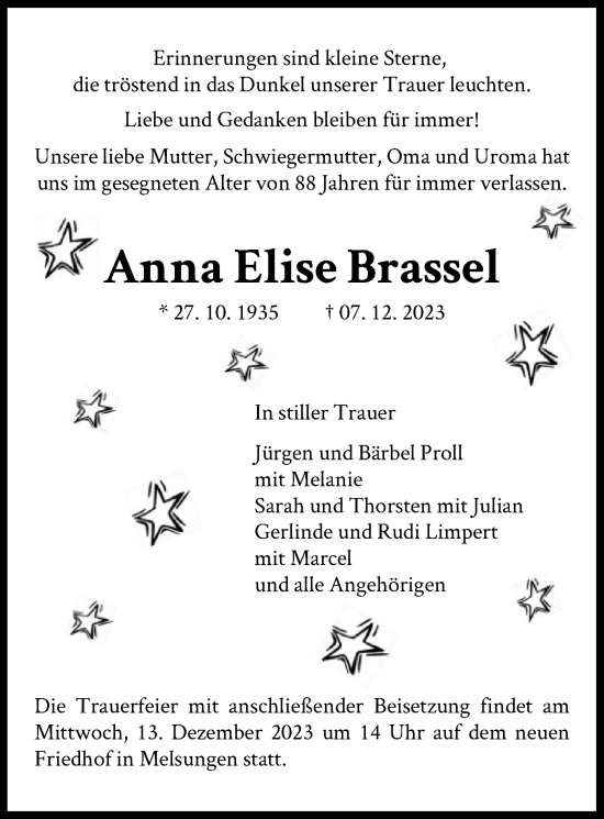 Todesanzeige von Anna Elise Brassel von HNAHNA