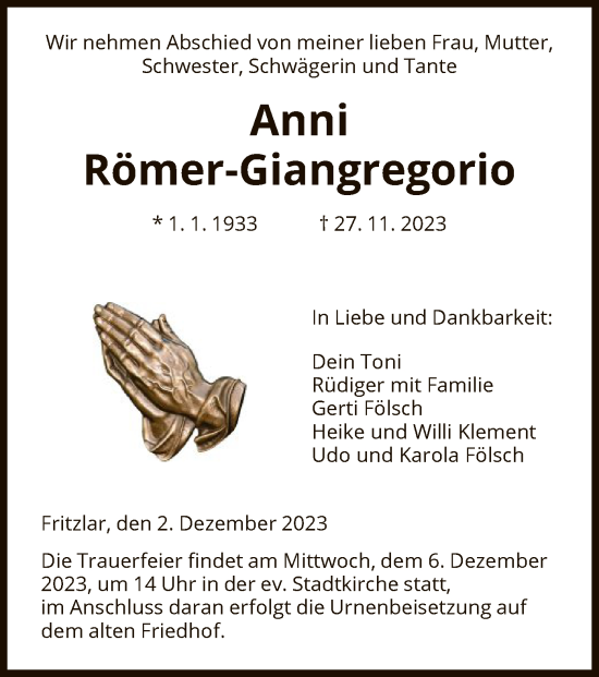 Todesanzeige von Anni Römer-Giangregorio von HNA