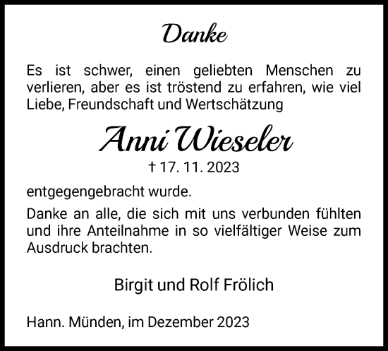 Todesanzeige von Anni Wieseler von HNA