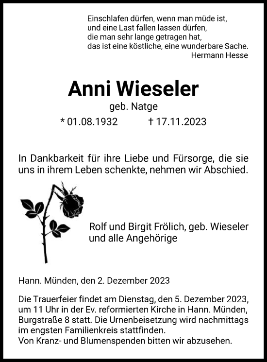 Todesanzeige von Anni Wieseler von HNA