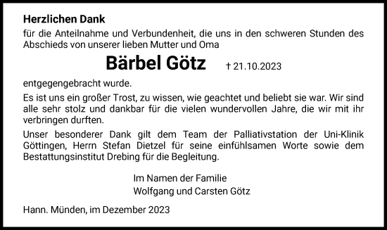 Todesanzeige von Bärbel Götz von HNA