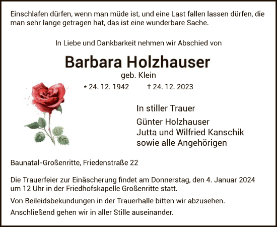 Todesanzeige von Barbara Holzhauser von HNA