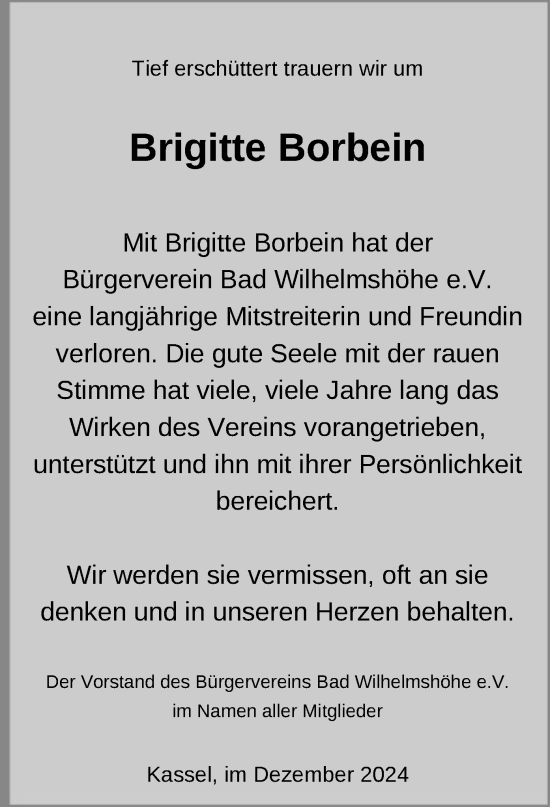 Todesanzeige von Brigitte Borbein von HNA