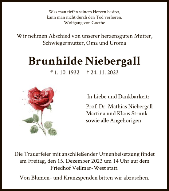 Todesanzeige von Brunhilde Niebergall von HNA