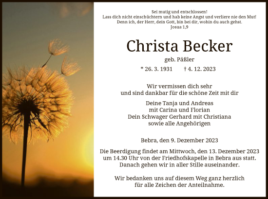 Todesanzeige von Christa Becker von HNA