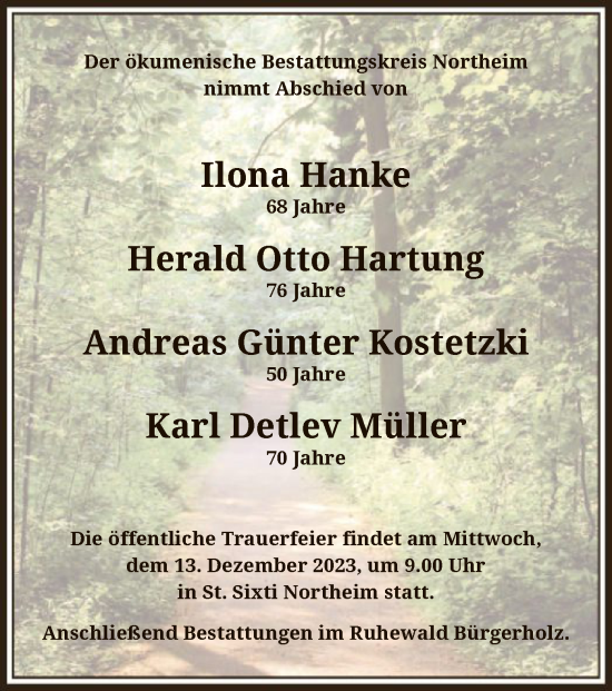 Todesanzeige von Der ökumenische Bestattungskreis Northeim nimmt Abschied von  von HNA