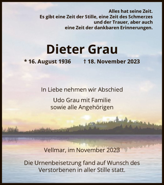 Todesanzeige von Dieter Grau von HNA