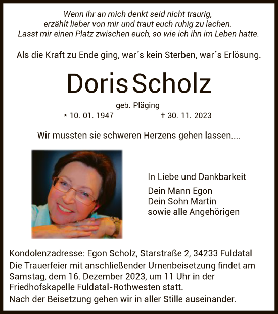 Todesanzeige von Doris Scholz von HNA