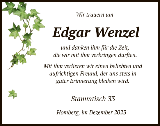 Todesanzeige von Edgar Wenzel von HNA