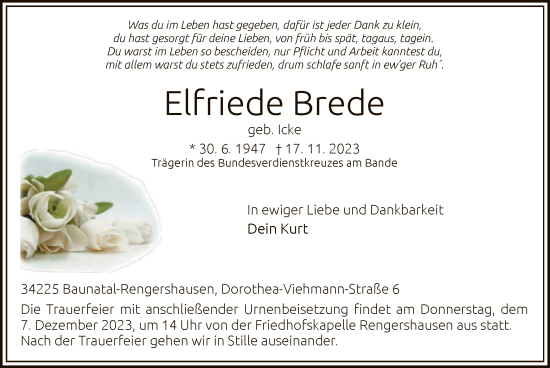 Todesanzeige von Elfriede Brede von HNA
