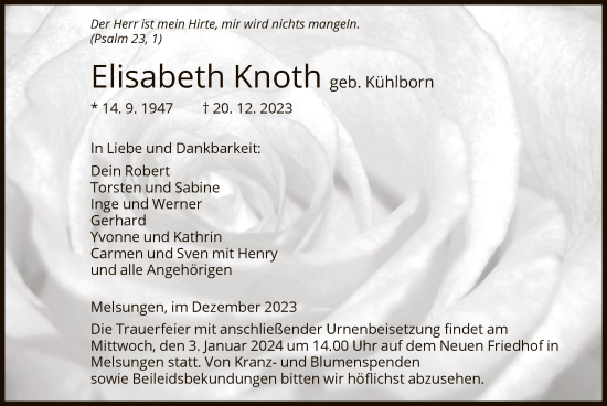 Todesanzeige von Elisabeth Knoth von HNA