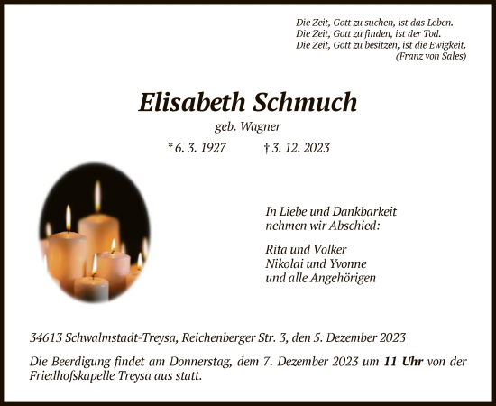 Todesanzeige von Elisabeth Schmuch von HNA
