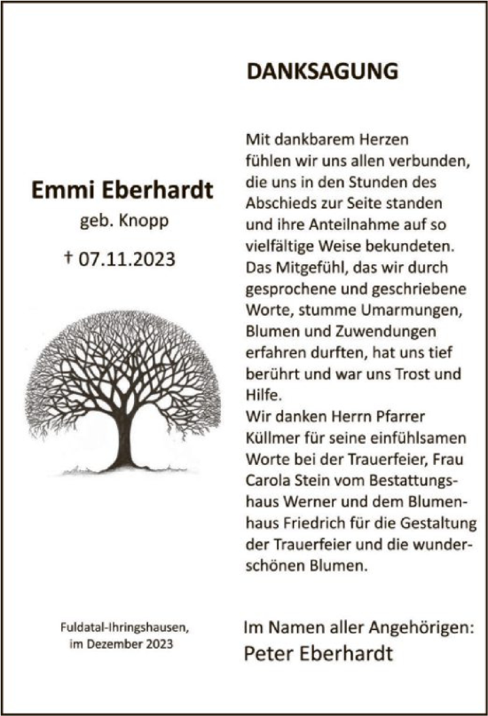 Todesanzeige von Emmi Eberhardt von HNA