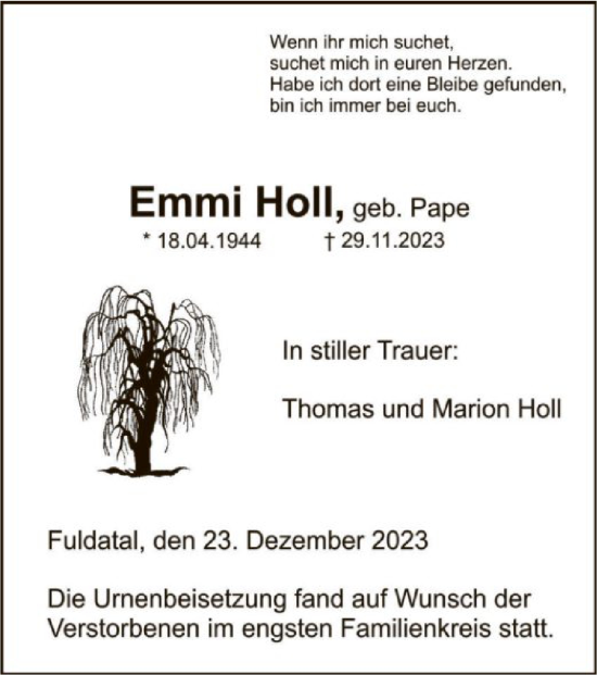 Todesanzeige von Emmi Holl von HNA