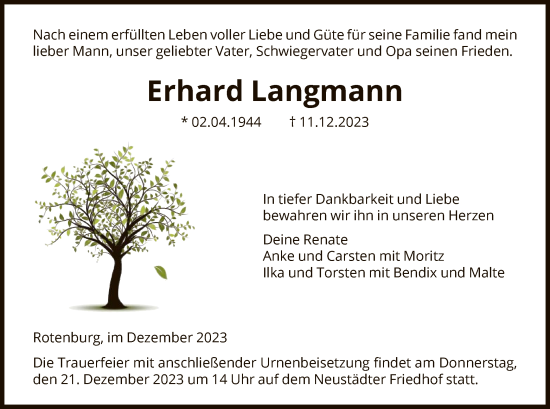 Todesanzeige von Erhard Langmann von HNA