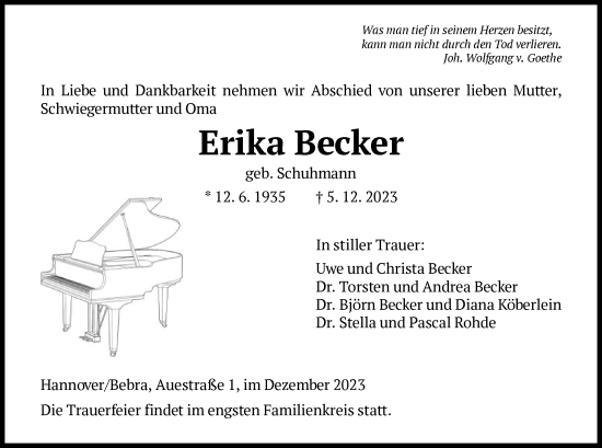 Todesanzeige von Erika Becker von HNA